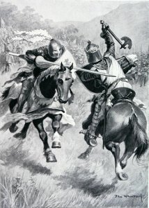 Encounter between Robert Bruce (1274-1329) and Sir Henry de Bohun (1276-1322) illustration from 'British Battles on Land and Sea' edited by Sir Evelyn Wood (1838-1919) first published 1915