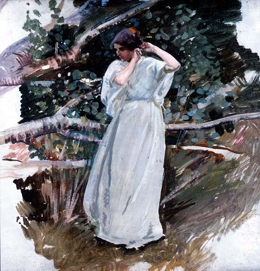 Young woman in a long white dress