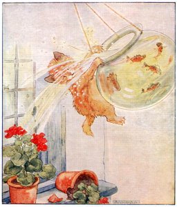 Wee Kitty fell into the cream..., illustration from Cuddly Kitty and Busy Bunny, by Clara G. Dennis, published by Thomas Nelson and Sons, Ltd., 1926