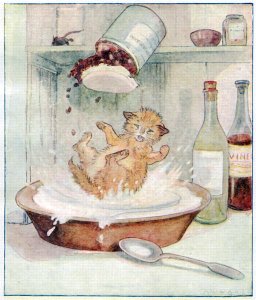 Sly Kitty thinks, A Joke Ill Play..., illustration from 'Cuddly Kitty and Busy Bunny', by Clara G. Dennis, published by Thomas Nelson and Sons, Ltd., 1926