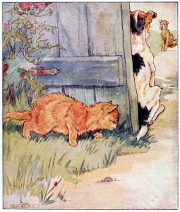 Wee Kitty fell into the cream..., illustration from Cuddly Kitty and Busy Bunny, by Clara G. Dennis, published by Thomas Nelson and Sons, Ltd., 1926