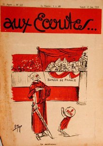 Mission Accomplished, The Franc Leaving Raymond Poincares Nursing Home and Following the Pound Sterling, caricature from the magazine Aux Ecoutes, 1928