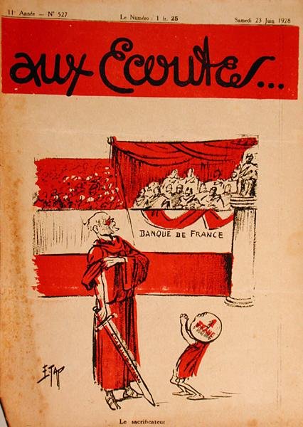 The Sacrificer, Raymond Poincare 1860-1934 in the Arena Readies himself to Strike the Franc with the Sword of Stabilisation, caricature from the magazine Aux Ecoutes, 1928