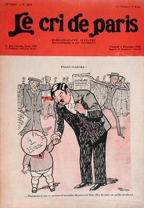 Mission Accomplished, The Franc Leaving Raymond Poincares Nursing Home and Following the Pound Sterling, caricature from the magazine Aux Ecoutes, 1928