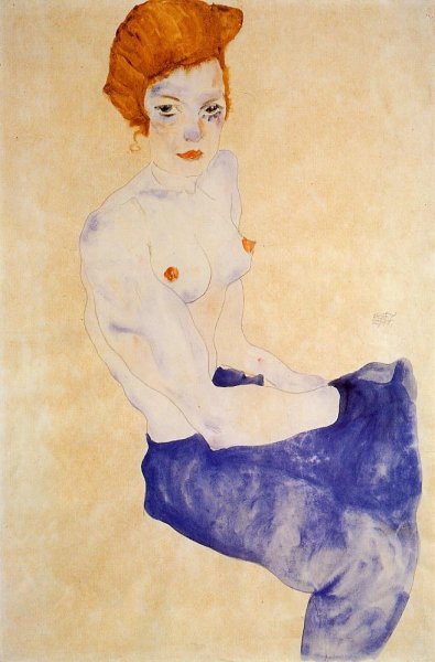 Seated Girl With Bare Torso And Light Blue Skirt